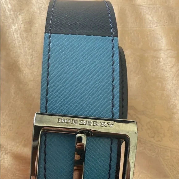 Burberry Black and Blue Leather Belt with Silver Buckle